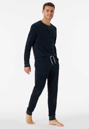 Schlafanzug lang Kord/ Velour Bündchen Streifen nachtblau - Warming Nightwear