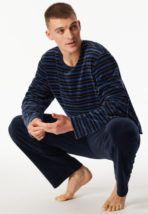 Pyjama long rayures velours bleu nuit - Casual Nightwear