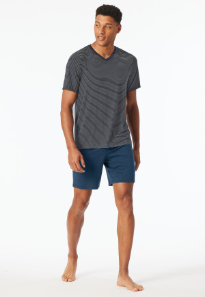 Korte pyjama van modalvezel met v-hals, blauw met strepen - Long Life Soft