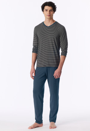 Lange pyjama van modalvezel met v-hals, blauw met strepen - Long Life Soft