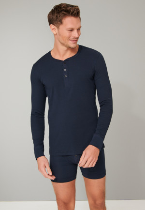 Shirt long-sleeved double rib organic cotton button placket dark blue - Retro Rib