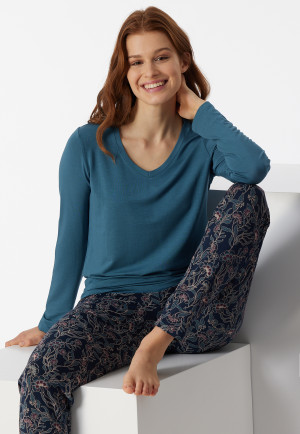 Shirt lange mouwen modal V-hals petrol - Mix+Relax