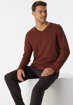 Maglia a maniche lunghe in cotone biologico con scollo a V, terracotta - Mix+Relax