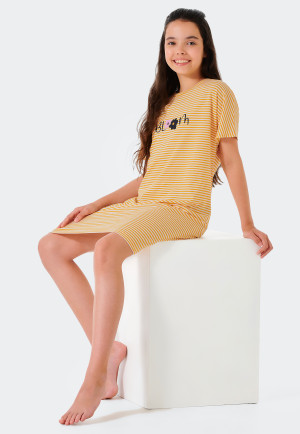 Maglietta da notte a maniche corte in cotone biologico a righe, fiori, giallo - Happy Summer