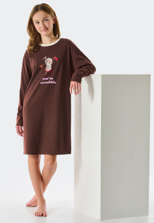 Maglia del pigiama a maniche lunghe in cotone biologico con motivo di cane, marrone - Teens Nightwear