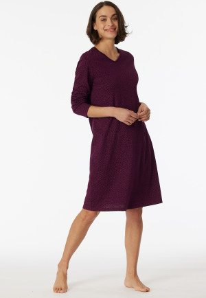 Sleepshirt langarm V-Ausschnitt Punkte pflaume - Comfort Essentials
