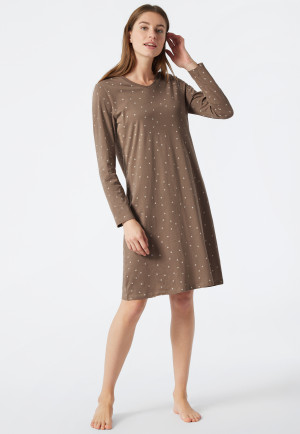 Sleepshirt lange mouwen wijd silhouet V-hals Minimalprint bruin - Essentials Comfort Fit