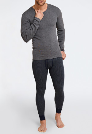 Unterhose lang mit Eingriff dunkelblau geringelt - Feinripp melange