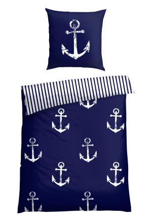 Omkeerbaar beddengoed 2-delig renforcé anker strepen marineblauw/wit - SCHIESSER Home