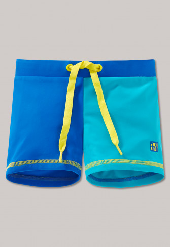 blue and yellow swim trunks