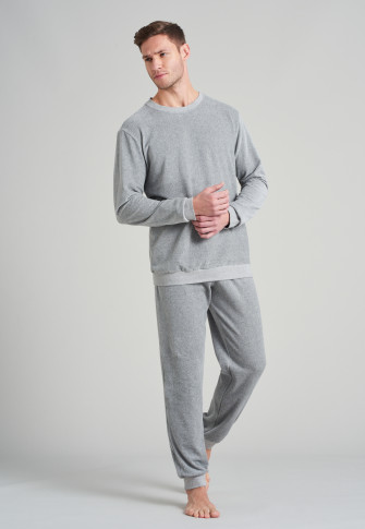 Pyjama long, bords-côtes velours, rayures, gris chiné - Warming Nightwear