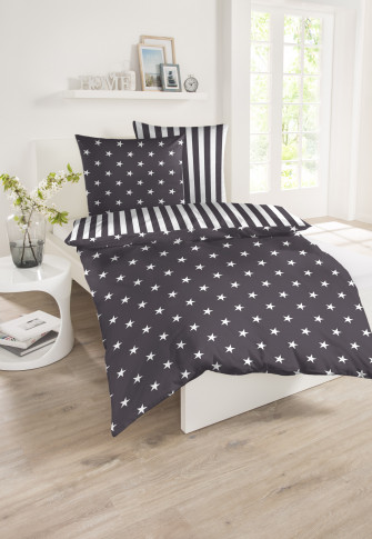 Reversible Bed Linen Two Piece Set Mako Satin Stars Stripes Anthracite White Schiesser Home Reversible Bed Linen Two Piece Set Mako, Grey And White Star Single Bedding