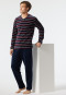 Schlafanzug lang Velour V-Ausschnitt gestreift burgund/dunkelblau - Warming Nightwear