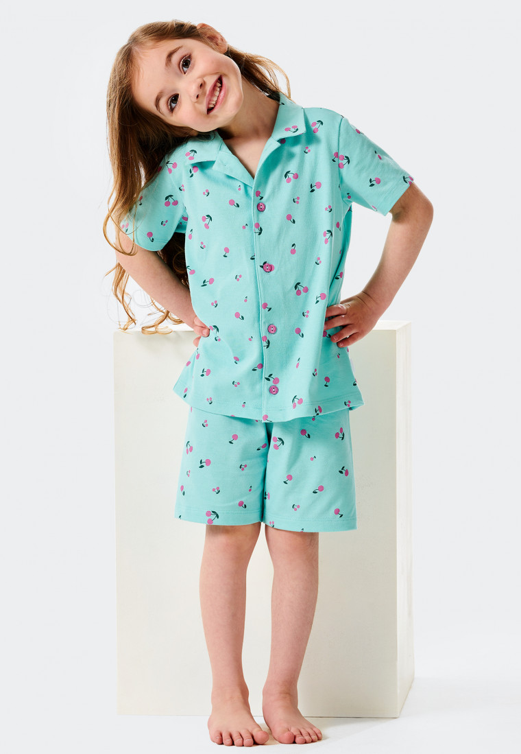 Pajamas short button placket organic cotton cherries turquoise - Cat Zoe