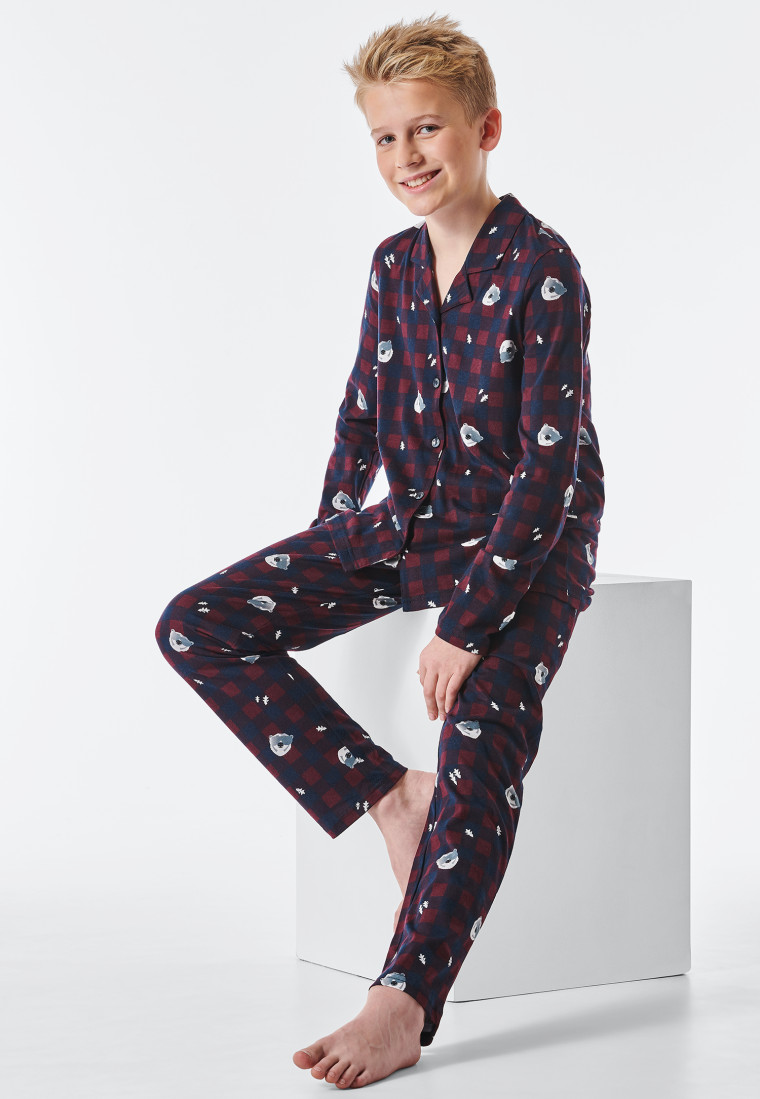 Pajamas long organic cotton button placket checks polar bear burgundy - Pyjama Story