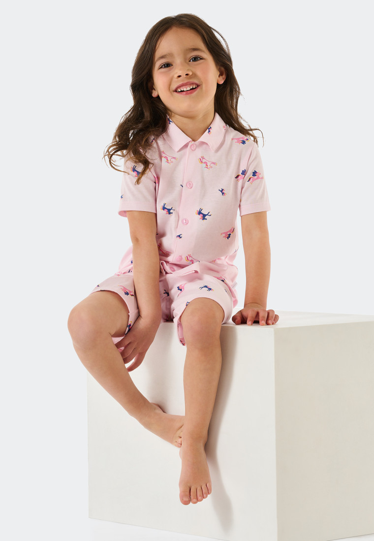 Pyjama kort biologisch katoen knoopsluiting eenhoorns rosé - Girls World