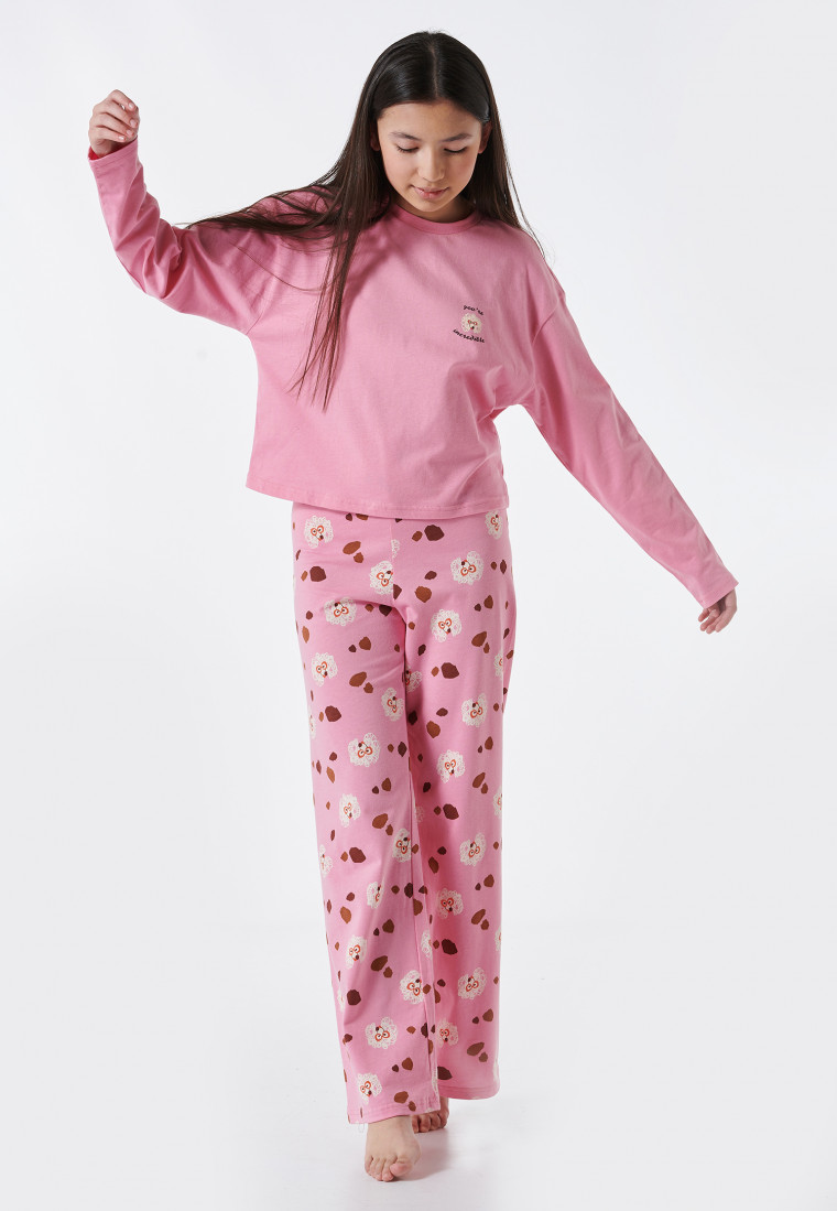 Pigiama lungo in cotone biologico con motivo di cane, rosa - Teens Nightwear