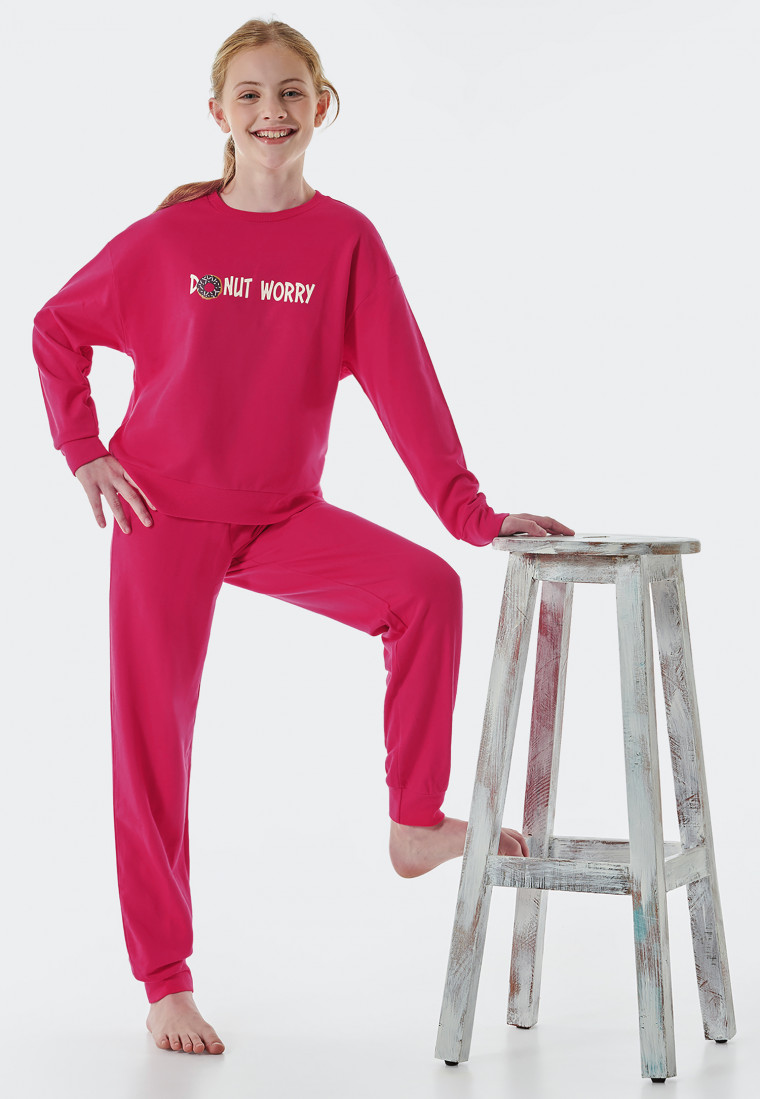 Pigiama lungo in tessuto felpato di cotone biologico con polsini e motivo di ciambella, rosa - Teens Nightwear