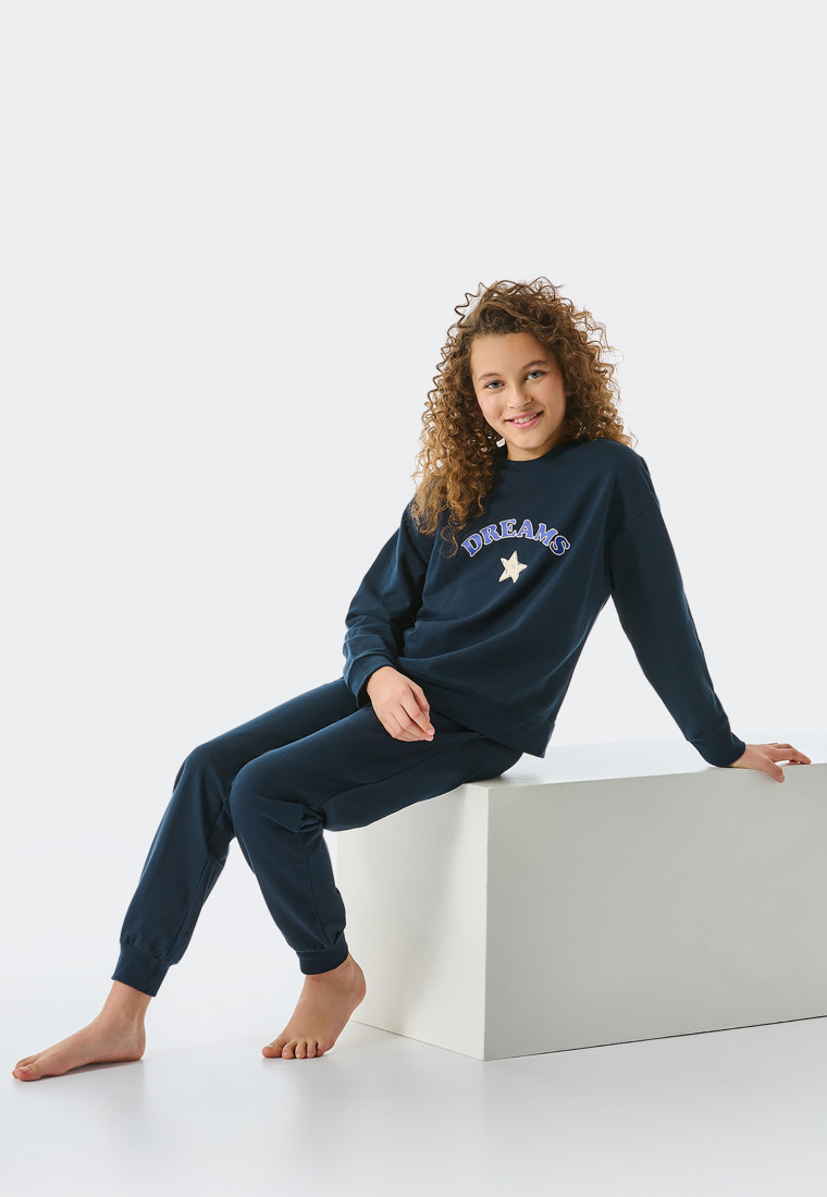 Pigiama lungo in tessuto felpato di cotone biologico con polsini e scritta Dream, blu notte - Teens Nightwear