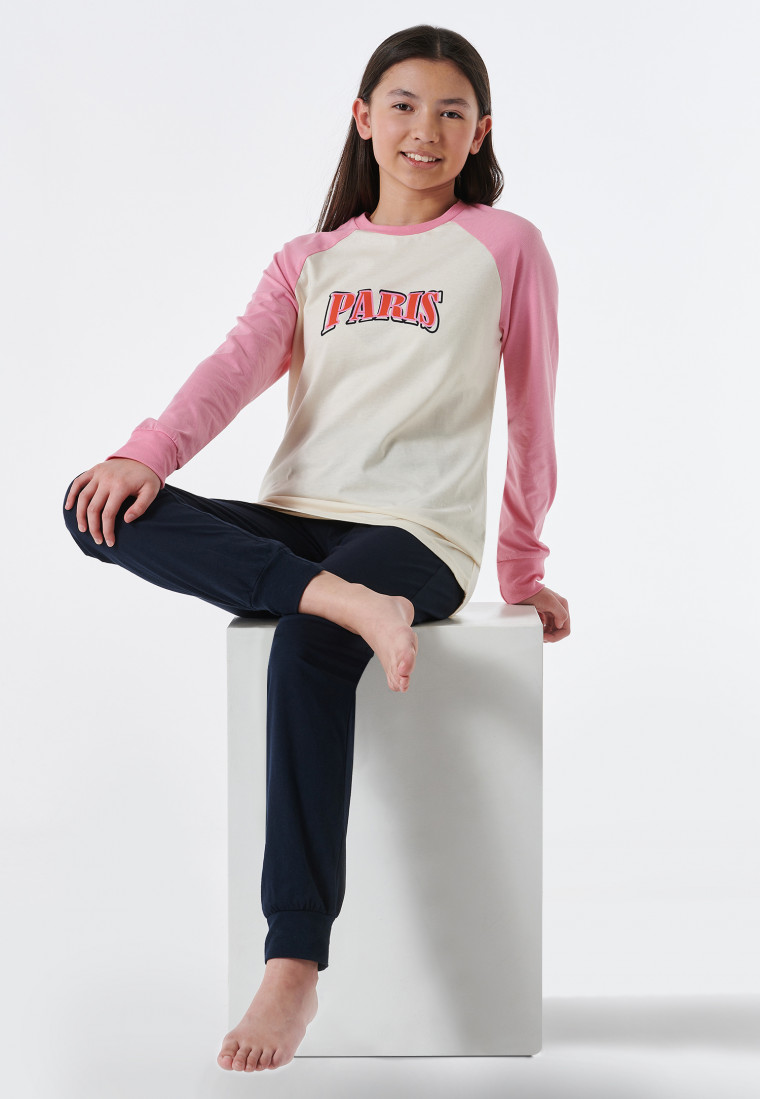 Pyjama lange boord biokatoen Paris roze - Teens Nightwear