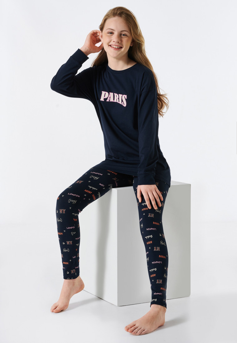 Pyjama lang biologisch katoen manchetten Paris nachtblauw - Teens Nightwear