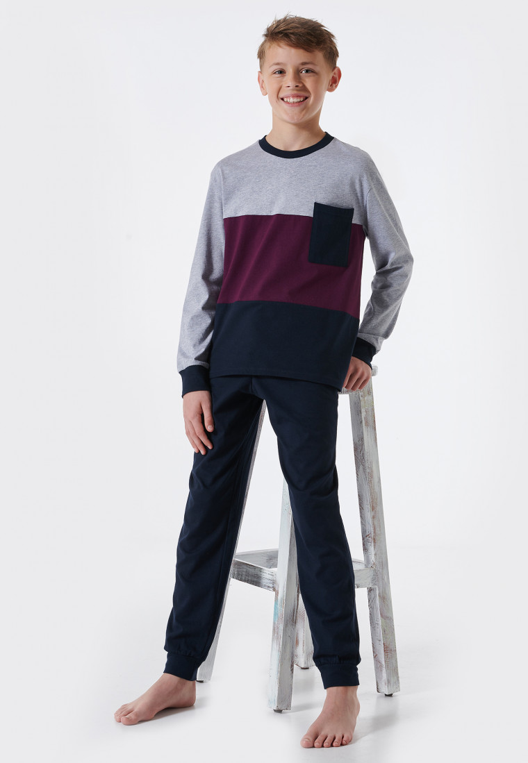 Pyjama lang biologisch katoen manchetten blokstrepen borstzakje grijs-gemêleerd - Teens Nightwear