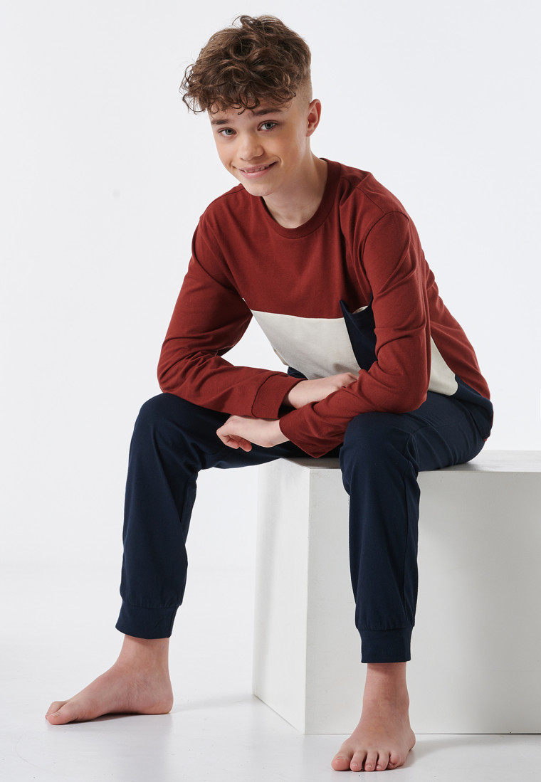 Pyjama lang biologisch katoen boorden gestreept borstzakje bruin - Teens Nightwear