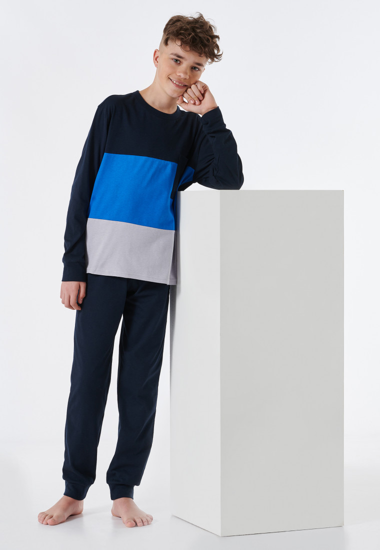 Schlafanzug lang Organic Cotton Bündchen Streifen Brusttasche blau - Teens Nightwear