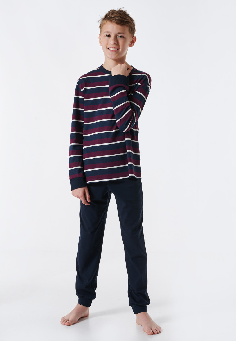 Pyjama lang biologisch katoen gestreept manchetten aubergine - Teens Nightwear