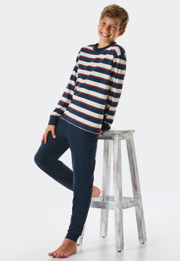 Pajamas long organic cotton stripes cuffs midnight blue - Teens Nightwear