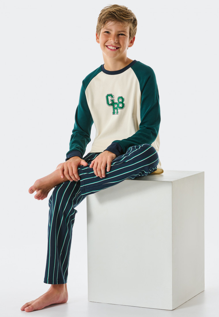 Pigiama lungo in Interlock di cotone biologico a righe con polsini, bianco sporco - Teens Nightwear