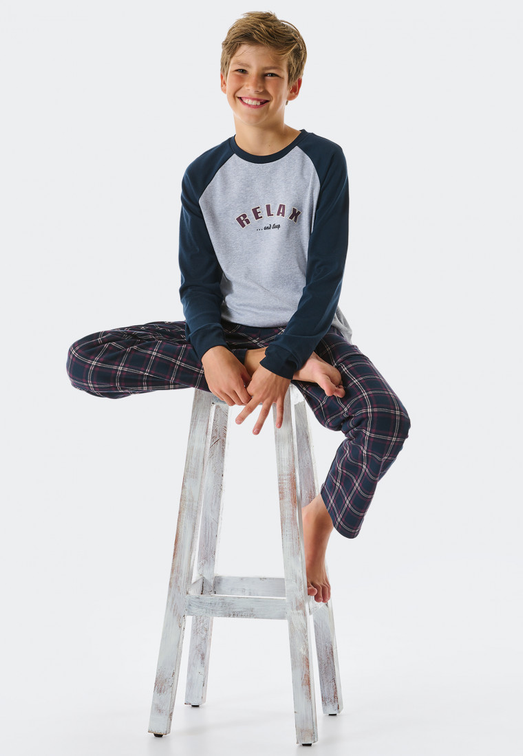 SCHIESSER - Nightwear grau-meliert lang Karos Organic Cotton Schlafanzug Interlock | Teens