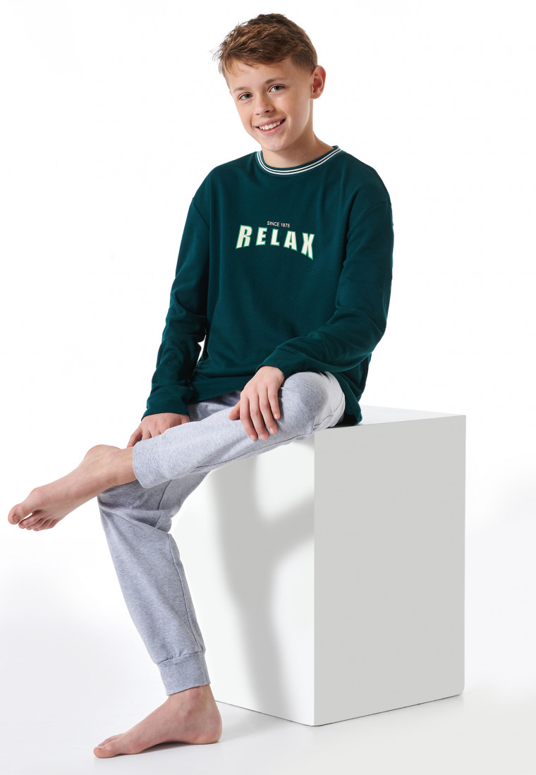 Pyjama lang interlock biologisch katoen manchetten gestreept relax donkergroen - Teens Nightwear