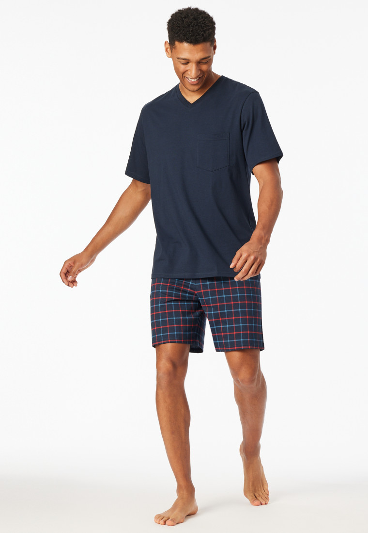 Pyjama court encolure en V poche poitrine bleu marine imprimé - Comfort Essentials