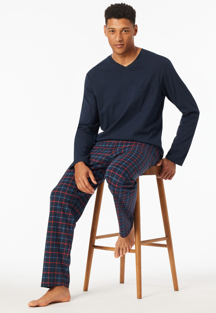 Pyjamas long V-neck chest pocket navy patterned - Comfort Essentials