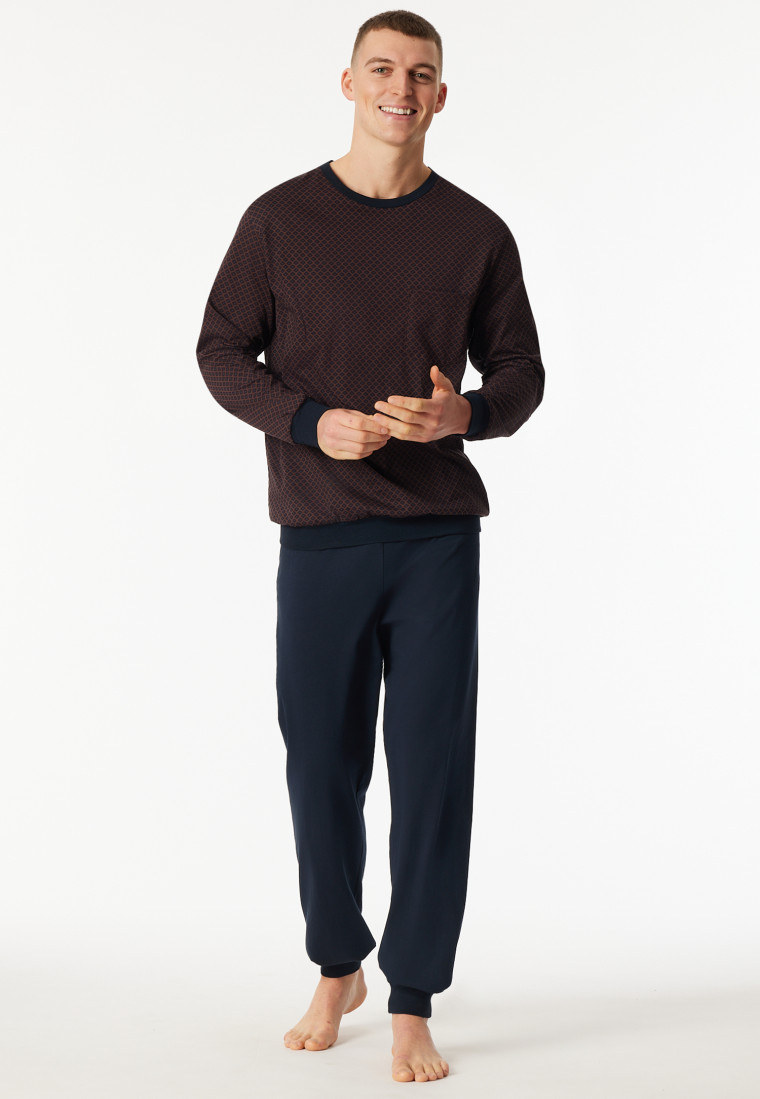 Schlafanzug lang Bündchen Brusttasche rotbraun gemustert - Comfort Essentials