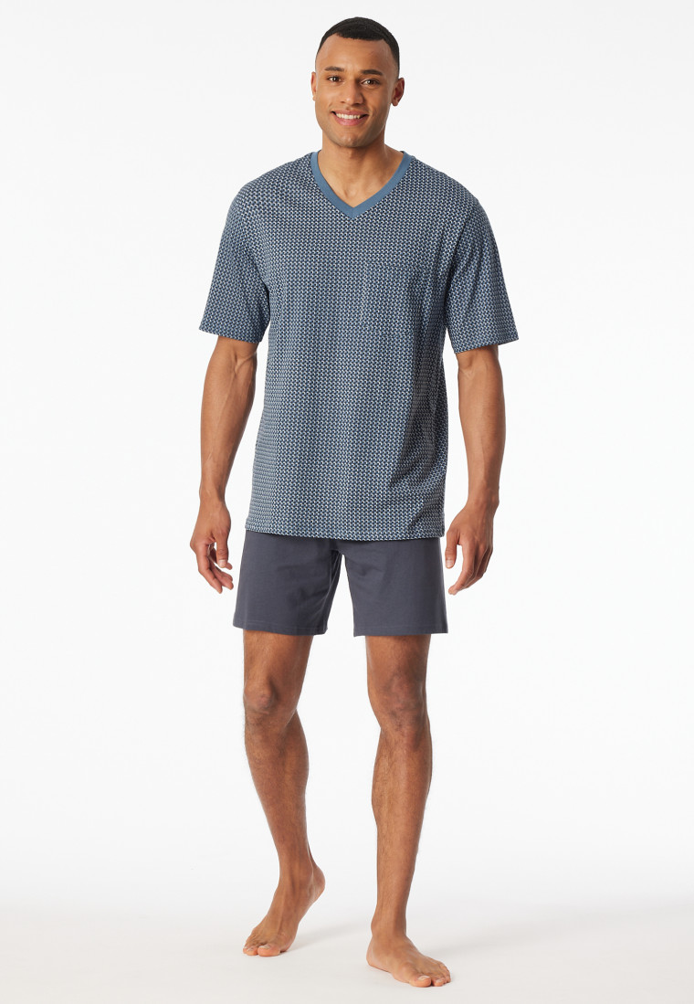Short pyjamas Organic Cotton V-neck chest pocket graphite chequered - Comfort Nightwear