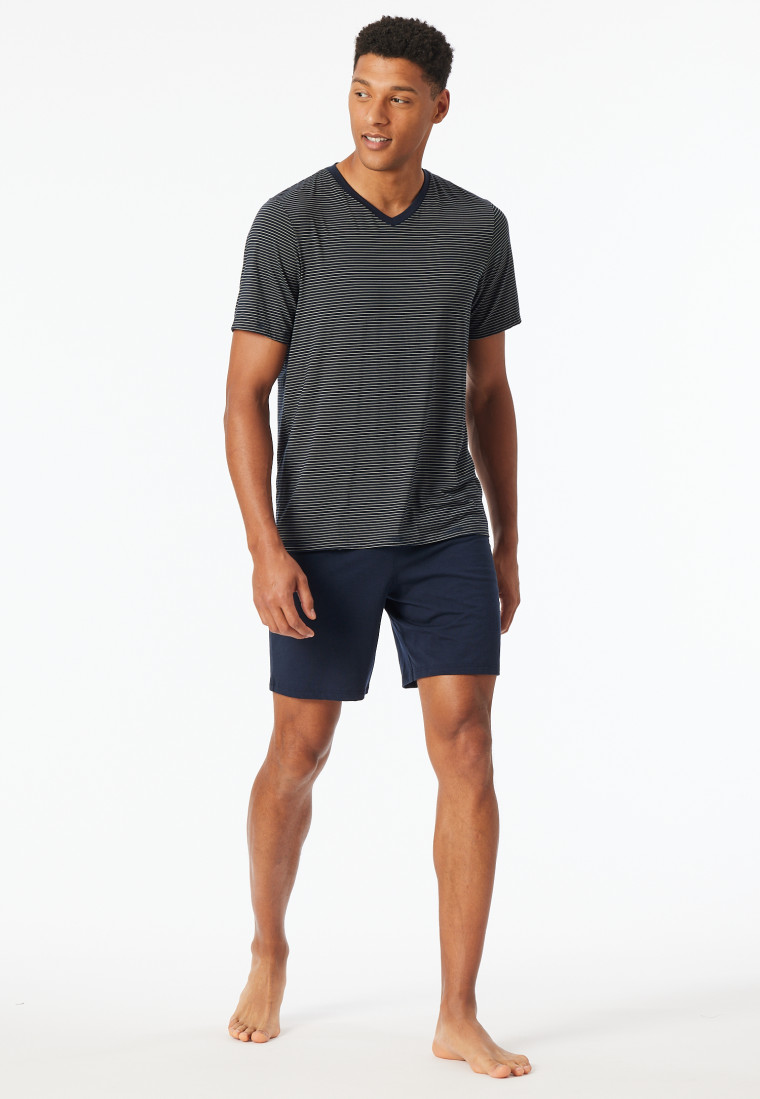Schlafanzug kurz Modal V-Ausschnitt Streifen navy - Long Life Soft