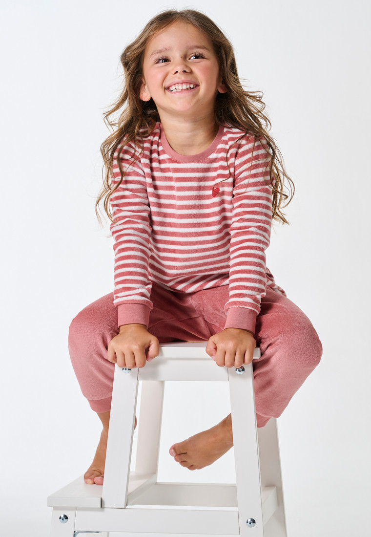 Schlafanzug lang Velour Bündchen Ringel Herz altrosa - Kids Nightwear