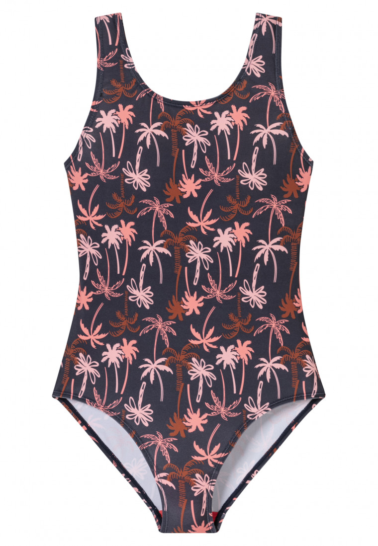 Swimsuit knitwear recycled SPF40+ school sports palm trees multicolor - aqua