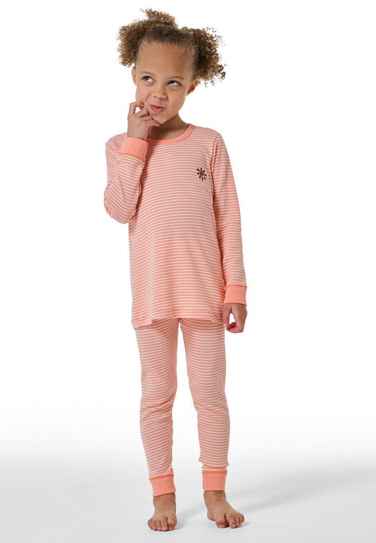Schlafanzug lang Feinripp Bündchen Ringel Sonne apricot - Natural Love