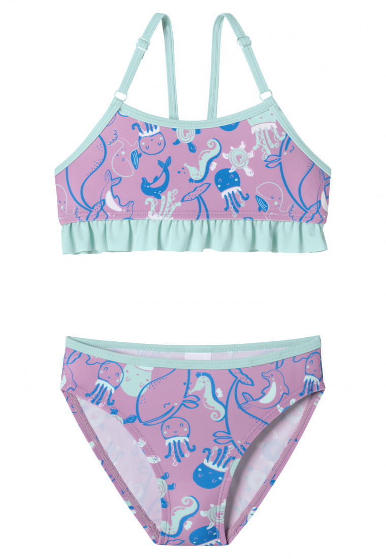 Bustier bikini recycled knitwear SPF40+ marine animals ruffles berry - aqua