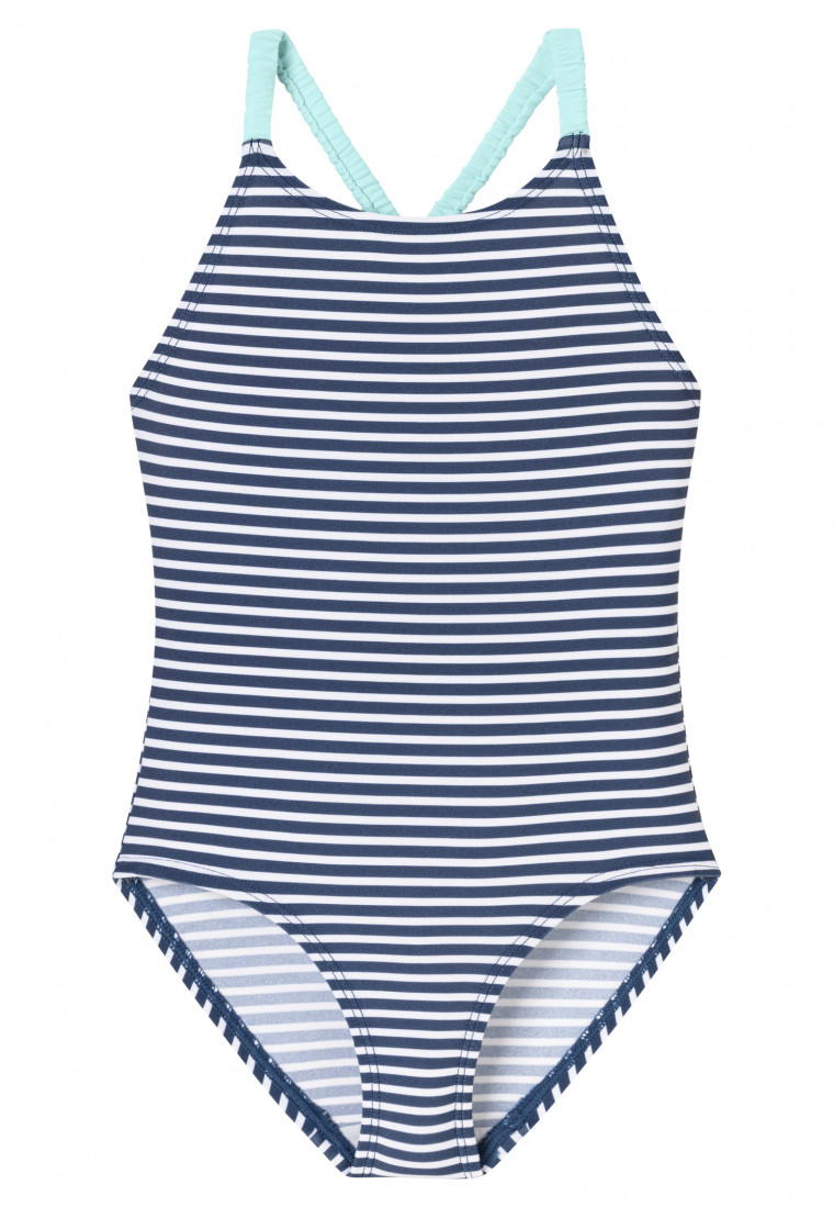 Swimsuit knitwear recycled SPF40+ stripes white&stripes - aqua
