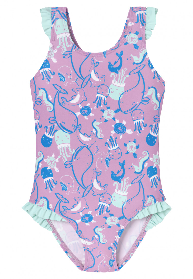 Swimsuit recycled knitwear SPF40+ marine animals ruffles berry - aqua