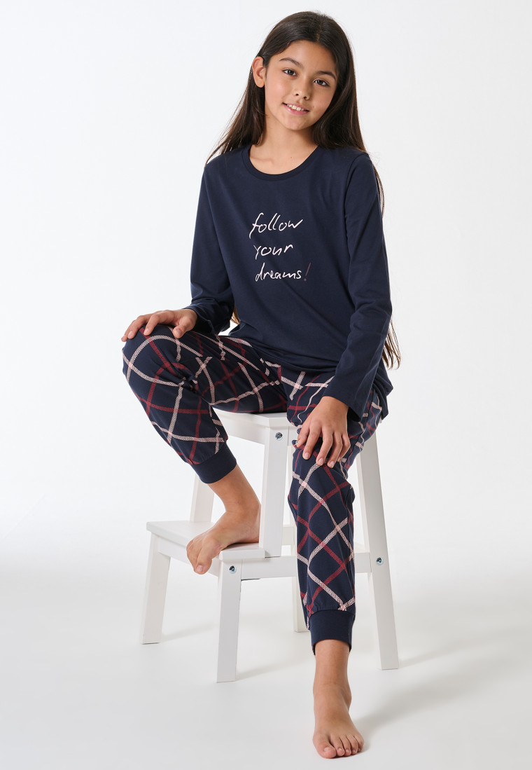 Schlafanzug lang Bündchen Karo nachtblau - Teens Nightwear