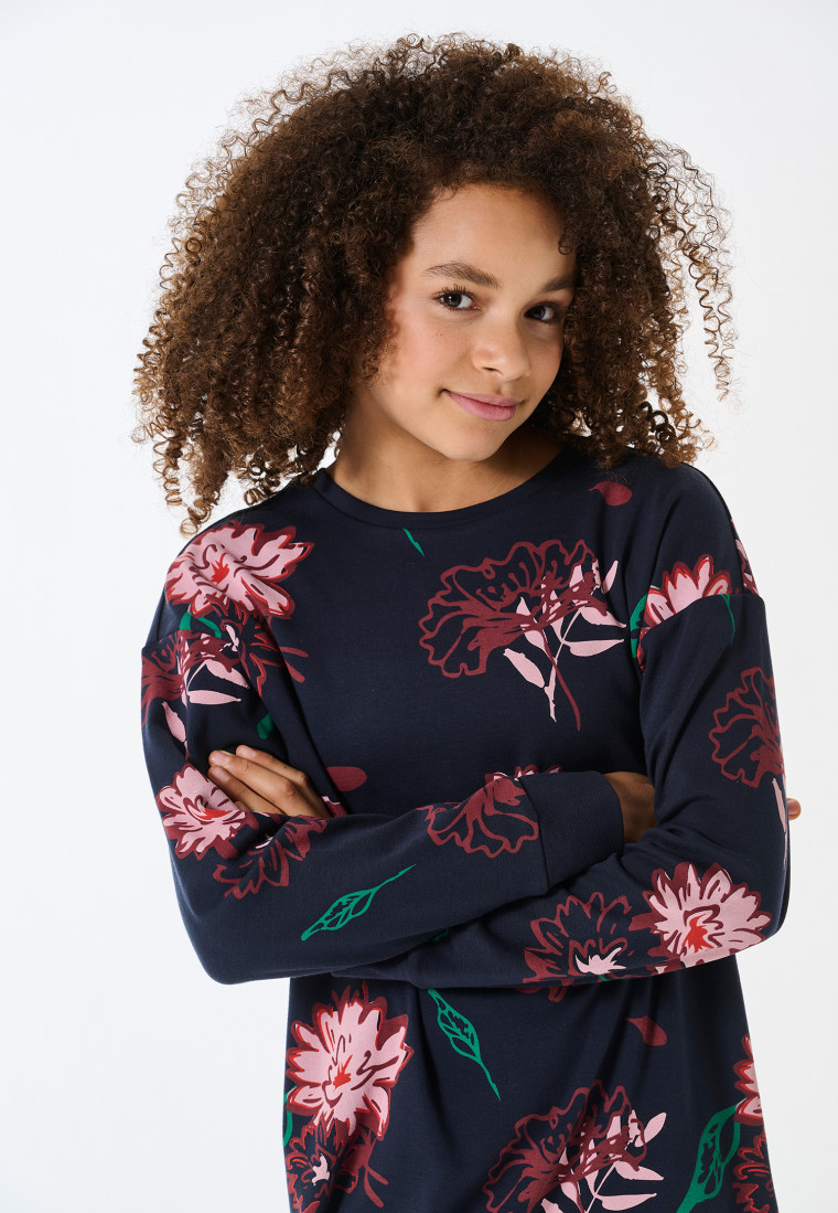Sleep shirt long-sleeve interlock flowers midnight blue - Teens Nightwear