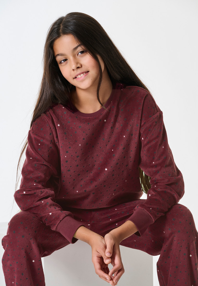 Schlafanzug lang Velour Bündchen Sterne burgund - Teens Nightwear