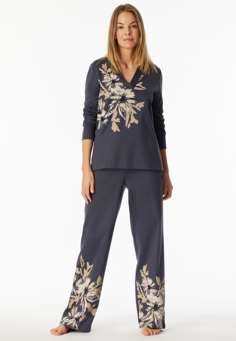 Lange pyjama v-hals bloemen grafiet - Comfort Interlock