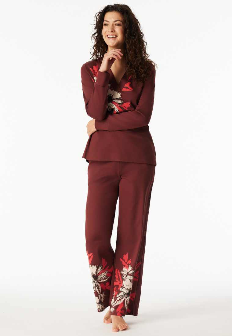 Schlafanzug lang Interlock V-Ausschnitt Blumen burgund - Comfort Interlock