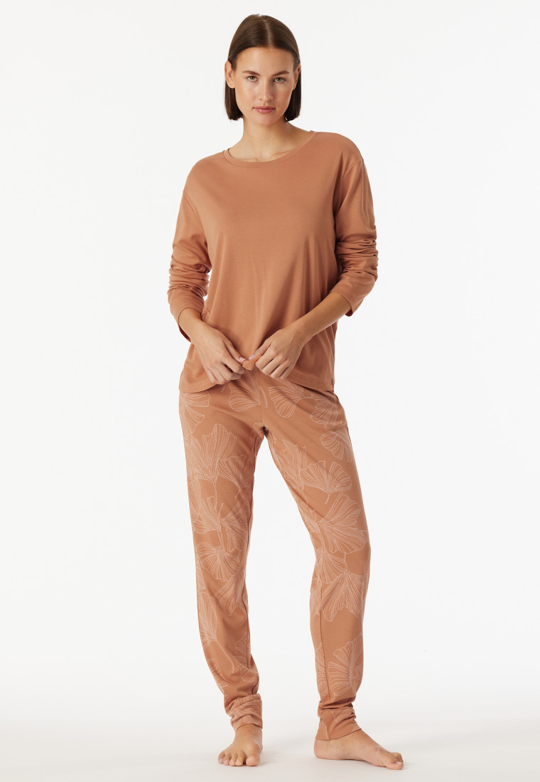 Schlafanzug lang Interlock Bündchen Ginkgo rost - Modern Nightwear